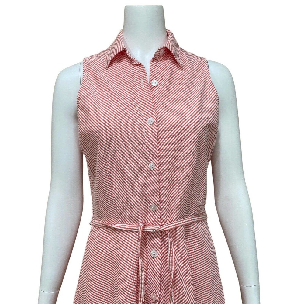 Seersucker Striped Dress Sleeveless Red Color Belt Boho size 10